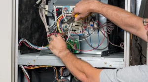 Technician inspecting a furnace for a cracked heat exchanger and other safety issues.