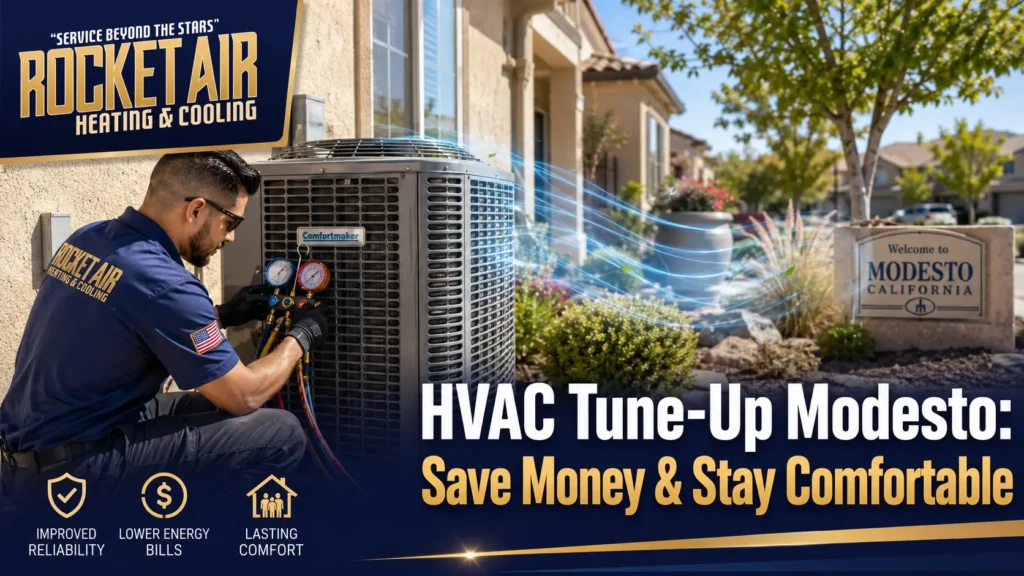 HVAC technician performing an AC tune-up at a home in Modesto