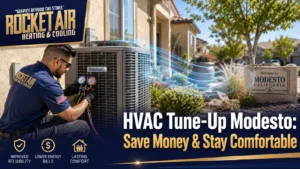 HVAC technician performing an AC tune-up at a home in Modesto
