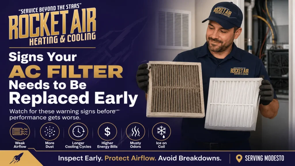 A Rocket Air Technician looking at a filter. The Image says "Signs Your AC Filter Needs to Be Replaced Early"
