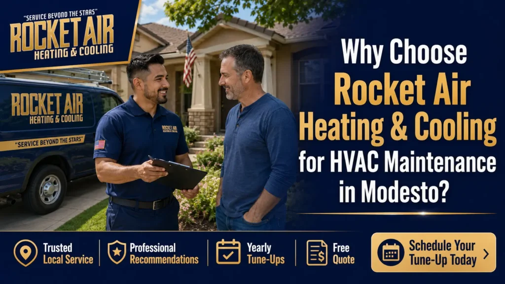 Rocket Air Heating and Cooling technician helping a homeowner schedule HVAC maintenance in Modesto