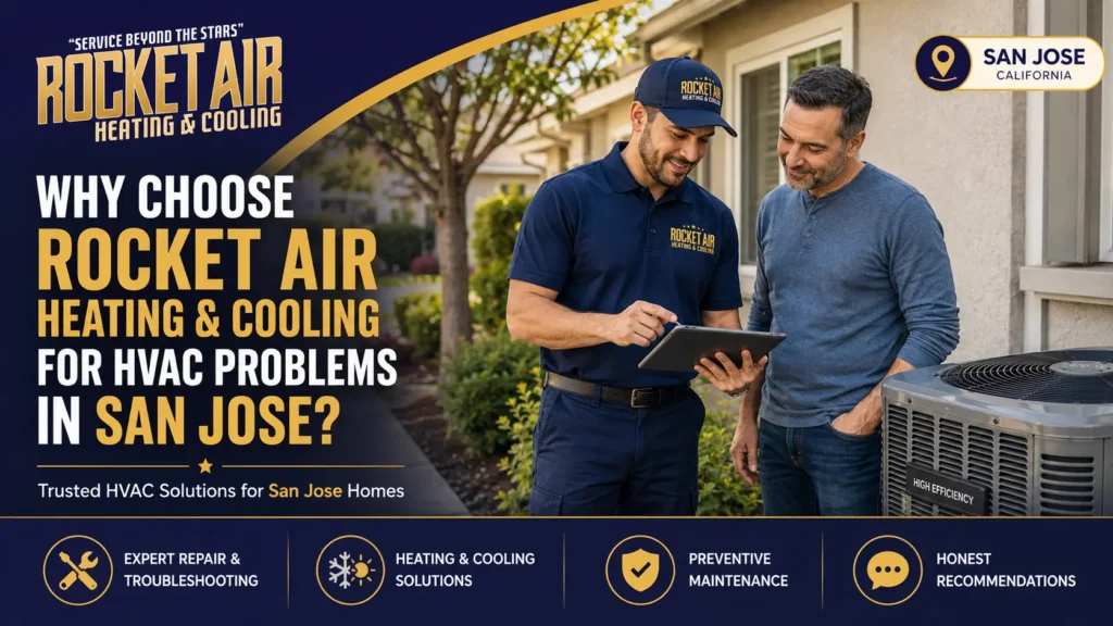 Rocket Air Heating and Cooling technician discussing HVAC repair options with a San Jose homeowner