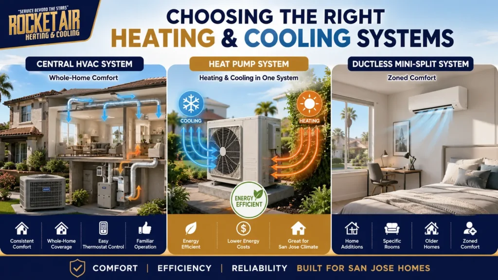Comparison of central HVAC, heat pump, and ductless mini-split systems for San Jose homeowners.