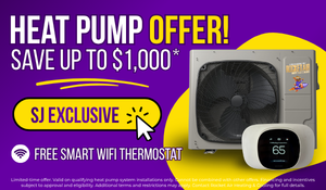 San Jose Exclusive Offer. 1000 dollars off a qualifying heat pump installation. Free Smart Wifi Thermostat & 2 years of maintenance for a limited time. Heat pump and smart thermostat on the bottom right corner. A button with cursor that says "SJ Exclusive"